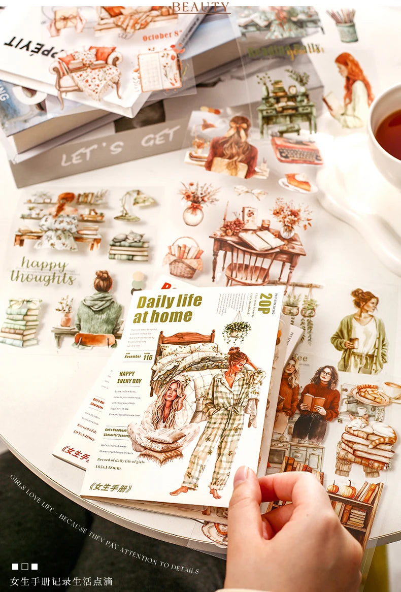 JIANQI 20 Sheets PET Die cut Stickers book Girl's Handbook Decorative handmade Scrapbooking Material Diary Album Craft Supplies