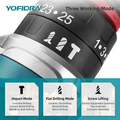 YOFIDRA  3 IN 1 25+3 Torque Electric Impact Drill Cordless Impact Drill Househeld Woodworking Power Tool for Makita Battery Pin