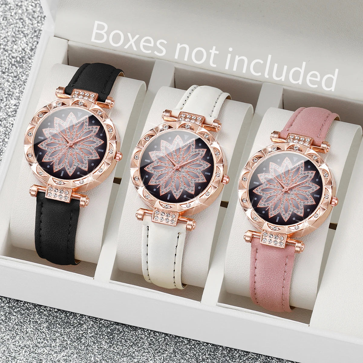 3PCS Women Watches Fashion Rhinestone Heart Dial Quartz Watch Female Leather Band Wristwatches Set（Without Box）