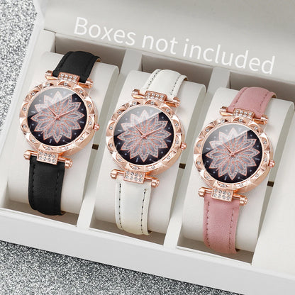 3PCS Women Watches Fashion Rhinestone Heart Dial Quartz Watch Female Leather Band Wristwatches Set（Without Box）