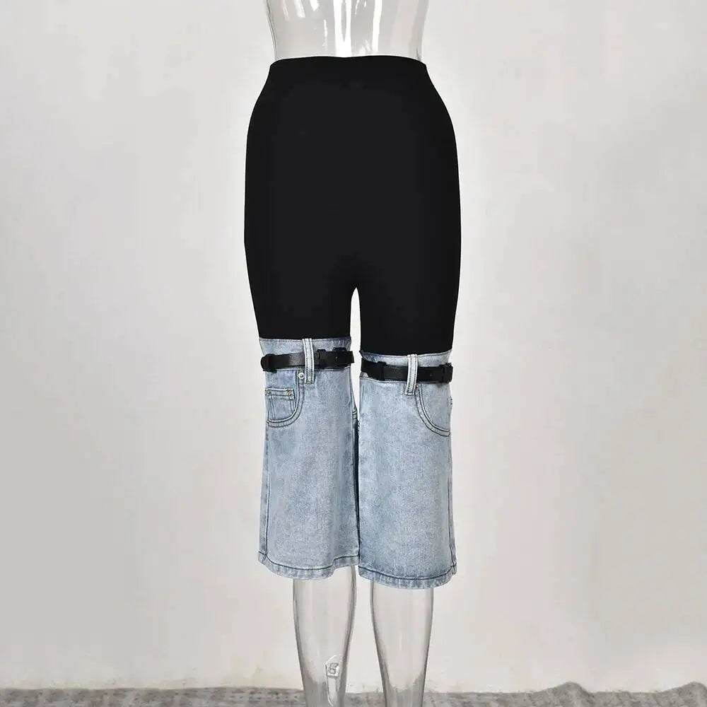 LGRQ Denim Patchwork Pants For Women Fashion New High Waist Contrast Color Belt Straight Pant Female 2026 Summer New 17A2013H