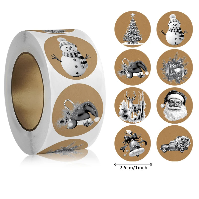 500pcs/ROLL Kraft Paper Christmas Stickers New Year Thank You Stickers Christmas Decoration for Card Gift Box Package 1inch