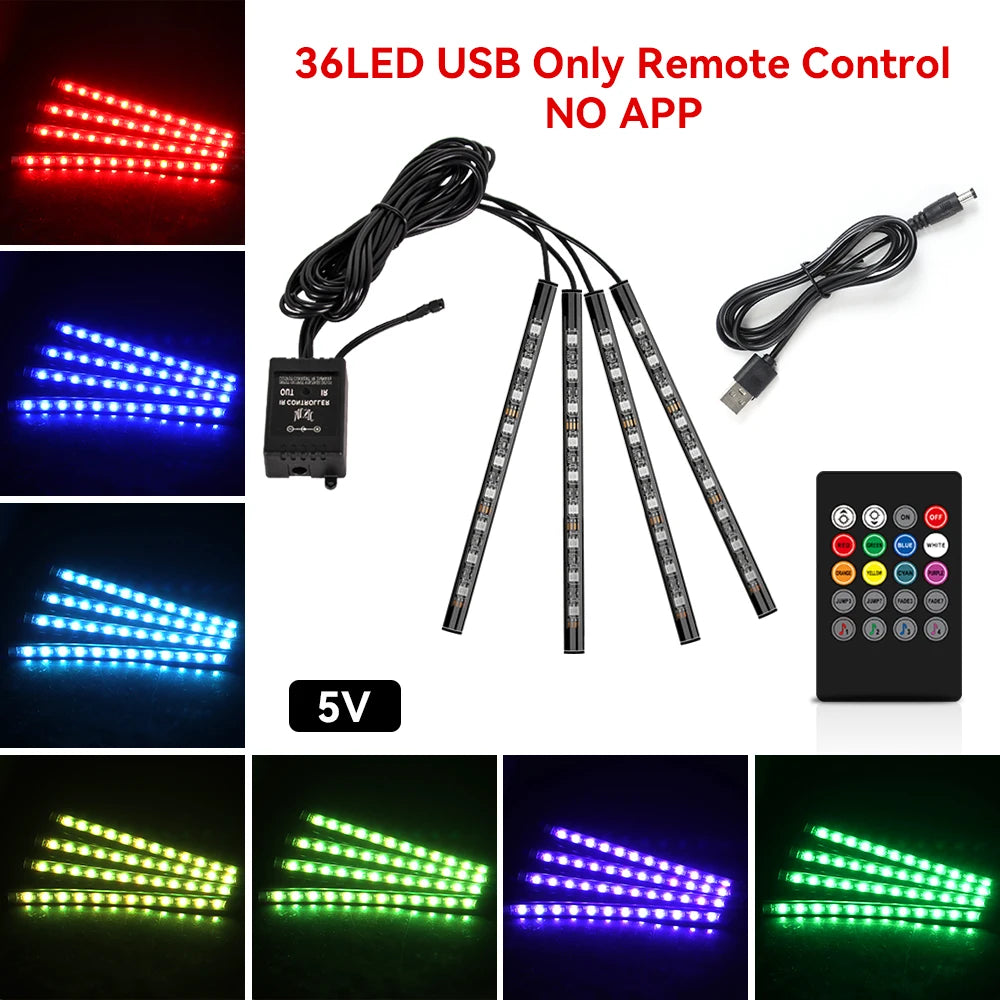 Neon Car Interior Ambient Foot Light with USB Wireless Remote Music App Control RGB 48 LED Atmosphere Decorative Lamp