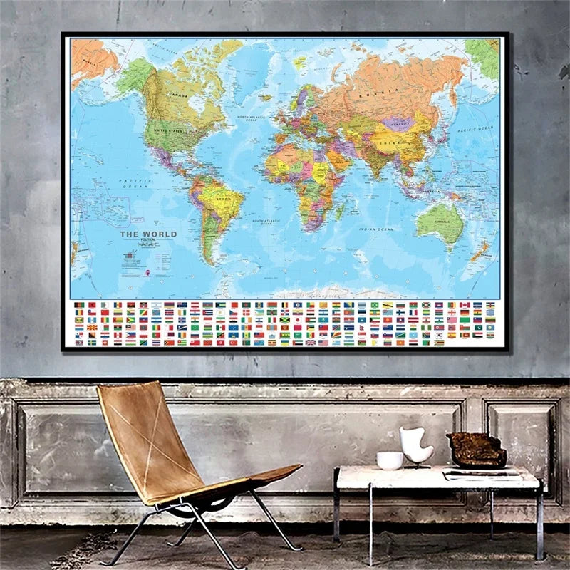 150x100cm Foldable Large World Map with Flags The World Physical Map for Travel Office School Supplies for Bedroom Living Room