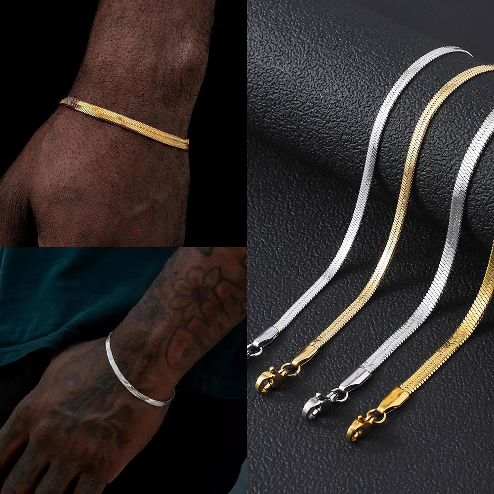 Gold Silver Color Stainless Steel Flat Chain Bracelet For Men Retro Jewelry Trendy Accessories Women Wrap Bangle