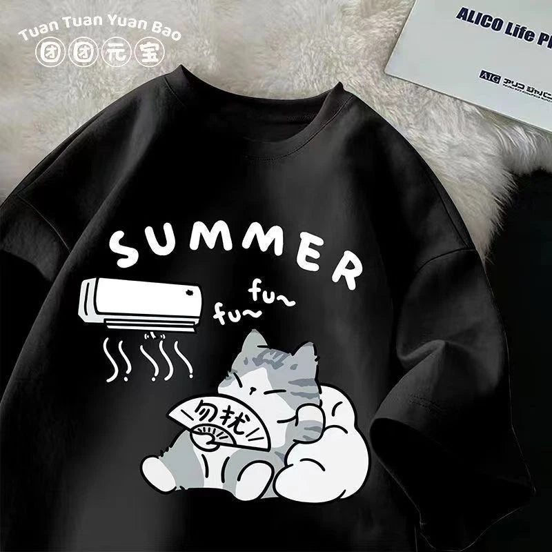 M-8XL Summer Men Oversize T-shirt Korean Casual Loose Style Kitten Blowing Fan Print T-shirt Suitable for Both Men Women