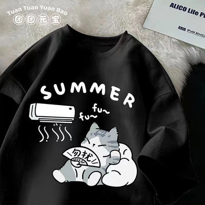 M-8XL Summer Men Oversize T-shirt Korean Casual Loose Style Kitten Blowing Fan Print T-shirt Suitable for Both Men Women