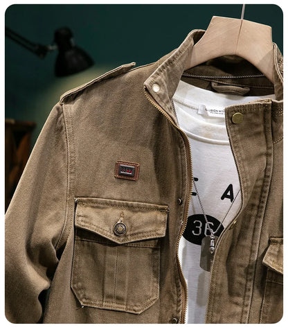 American Retro Style Men's Spring Casual Jackets Heavyweight Cotton Multi-Pockets Loose Cargo Jacket Fashion Outerwear