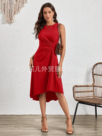 New Women's Dress Slim Sleeveless A-line Skirt Elegant Simple Office Red Korean Midi Skirt for Female
