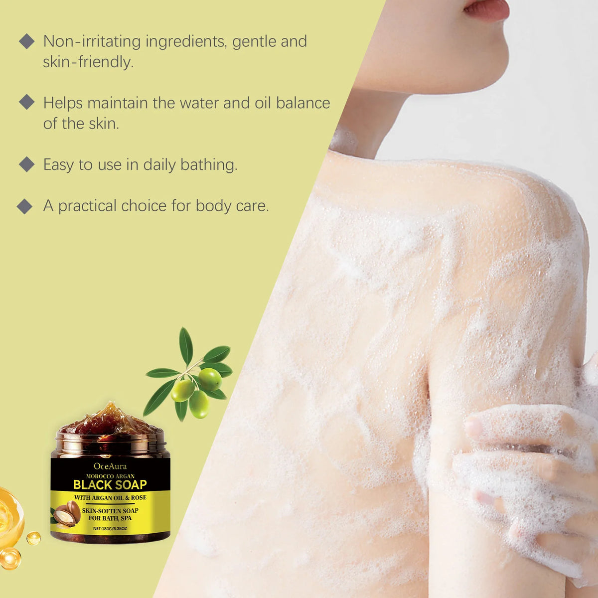 OceAura Black Soap Morocco Argan Oil Exfoliating Body Smooth Soft Professional Skin Cleaning Spa Rose Flower Oil Bath Soap 180g