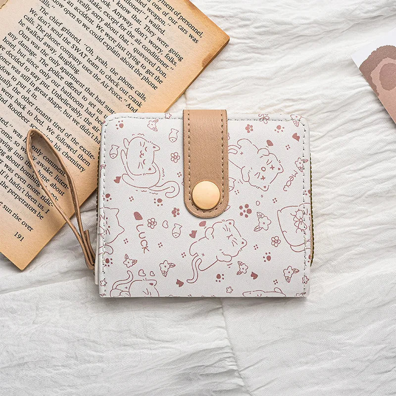 Japanese Cute Cat Girls Wallet Short Student ID Bank Card Holder Money Bag Zipper Wallets For Women Key Storage Purse Coin Purse