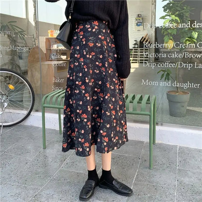 Women Floral Corduroy Midi Skirt High Waist A Line Printed Swing Long Skirt For Spring Autumn