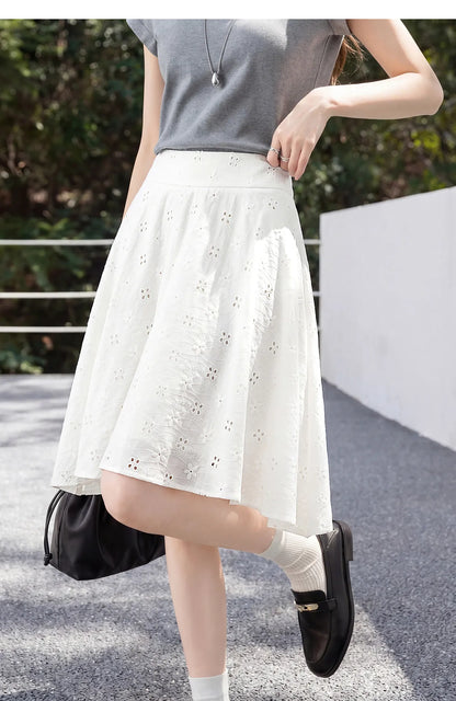 SENTUBILA Women's White Cotton Summer Skirt 2026 Woman Fashion Hollow Embroidery A-Line Short Skirt Female Clothes Q62QG7173