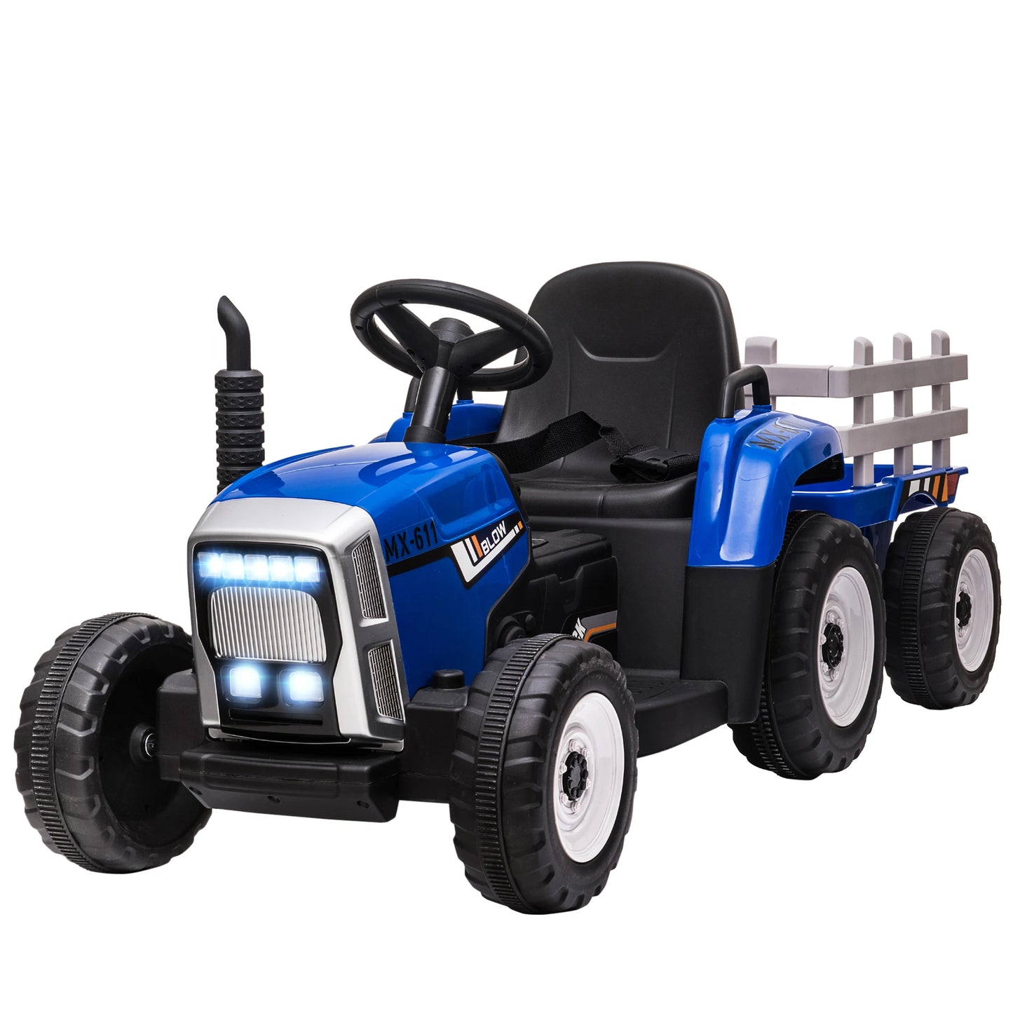 Children's Electric Car with Trailer, Remote Control, Child Control or Remote Control, Headlight, 3-6 Km/H, Size 136.5X50X52.5Cm, Load Capacity 30 Kg, Blue