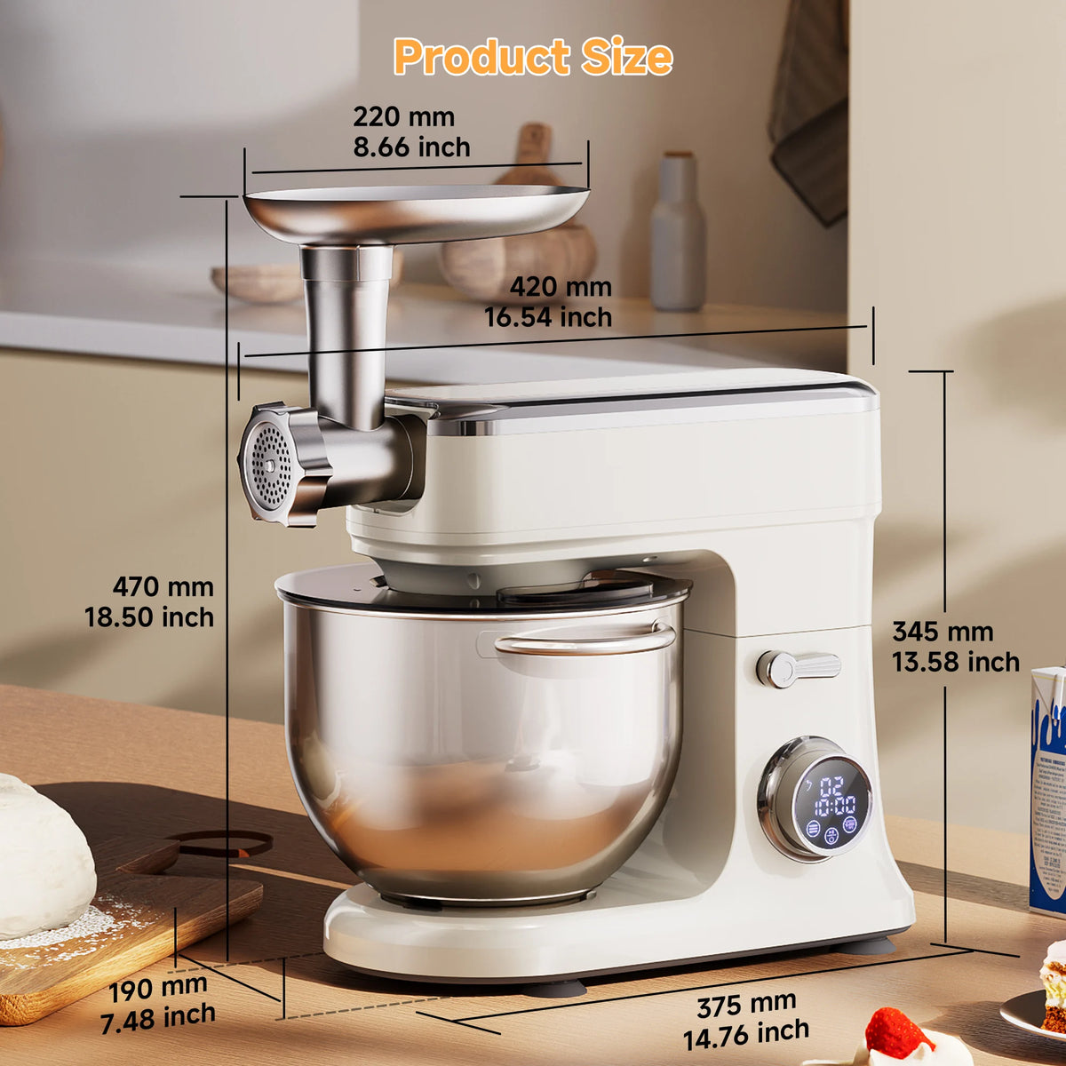 BioloMix 7L Stand Mixer for Baking 1200W DC Motor with Dough Hook Whisk Beater Meat Grinder Attachment - Food Mixer