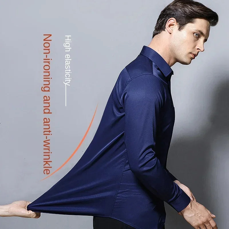 55-105KG Men's long sleeved elastic shirt, non ironing business dress, professional work attire, stand up collar shirt