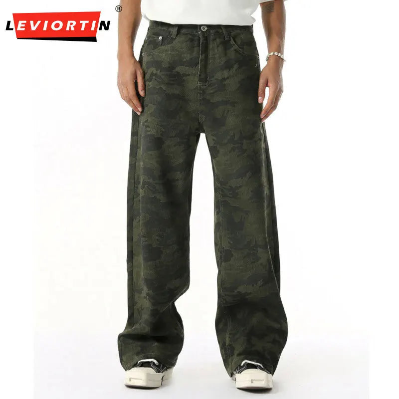 2025 Four Seasons Men's Youth Popular Multi color Pattern Camouflage Pants Basic Versatile Straight Wash Casual Cowboy Pants