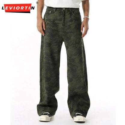 2025 Four Seasons Men's Youth Popular Multi color Pattern Camouflage Pants Basic Versatile Straight Wash Casual Cowboy Pants