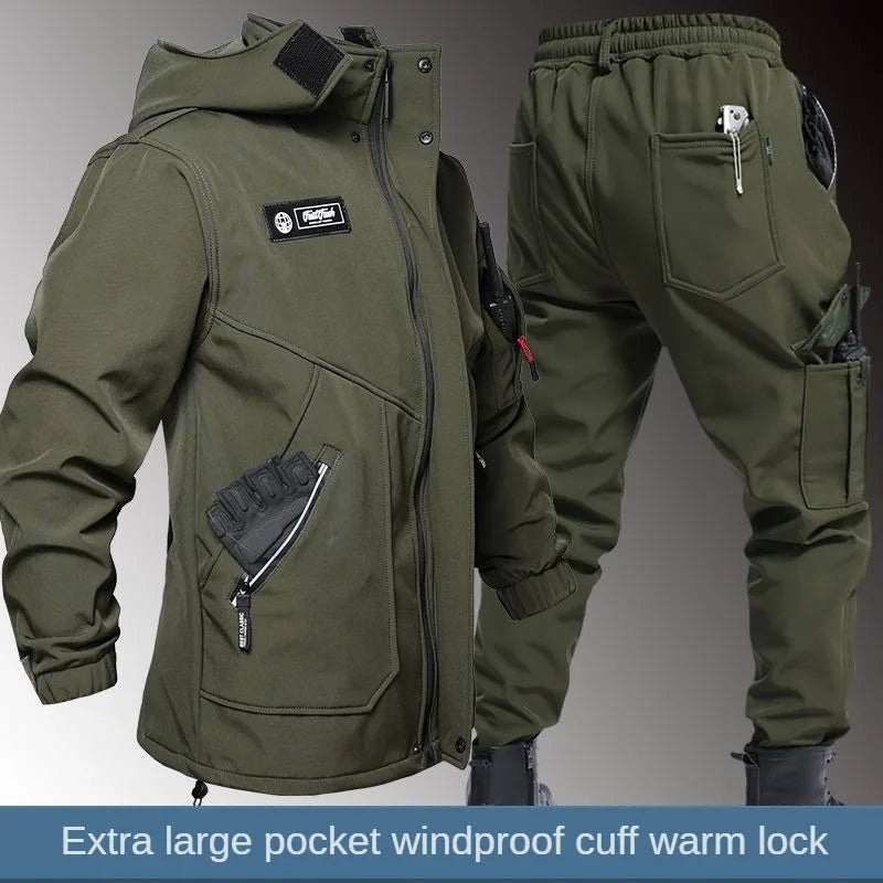 Autumn And Winter Solid Color Hooded And Velvet Assault Set Outdoor Labor Protection Suit Casual Mountaineering Work Suit