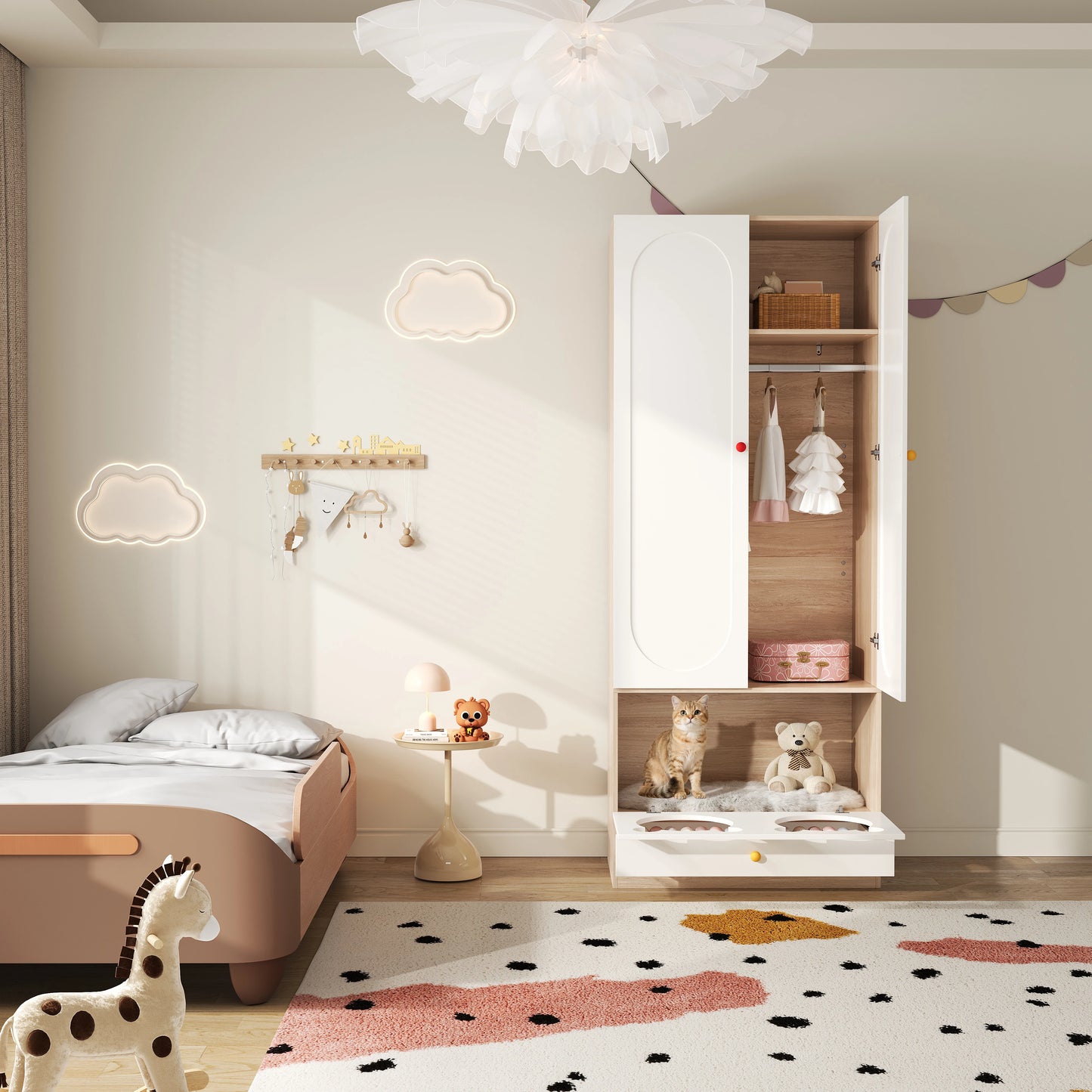 80x50x200cm Kids Wardrobe with Hanging Rod Integrated Cat Bed Design Lacquered Board and Particle Board with Colorful Ceramic Handles White and Natural Wood Color Multifunctional Storage Cabinet Suitable for Bedroom Home Furn