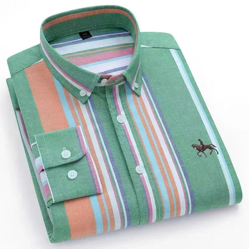 Casual Pure Cotton Oxford Mens Shirts Long Sleeve Embroidery Horse Design Regular Fit Fashion Button Man White Dress Shirt
