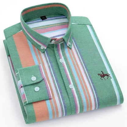 Casual Pure Cotton Oxford Mens Shirts Long Sleeve Embroidery Horse Design Regular Fit Fashion Button Man White Dress Shirt