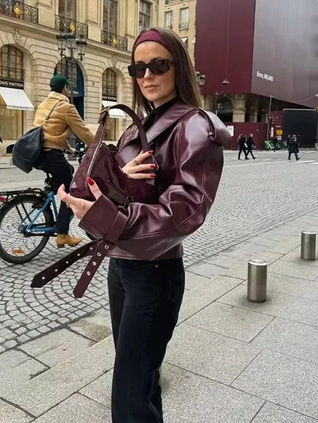 Vintage Lapel Leather Biker Jacket Women Bomber Jacket Short Coat Streetwear Zip Long Sleeve Windproof Outerwear Black Wine Red