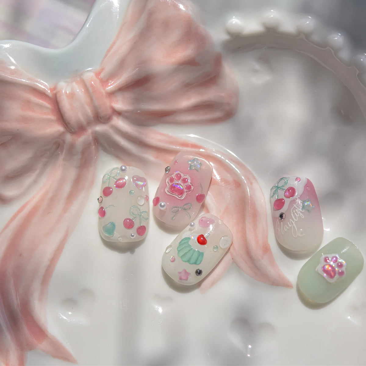 5D Pudding Jelly Dessert Fruit Cherry Pink Claw Print Bowknot Tie knot Love Heart Stars Nail Art Sticker Adhesive Manicure Decal