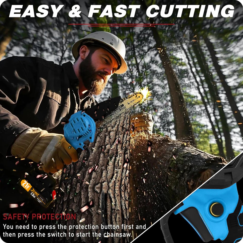 Jemi Tool 6 inch Portable Cordless Rechargeable Electric Chain Saw with Two Batteries, Equipped with Automatic Lubricator and Safety Lock,Wood Cutter, Garden orchard Pruning Tool