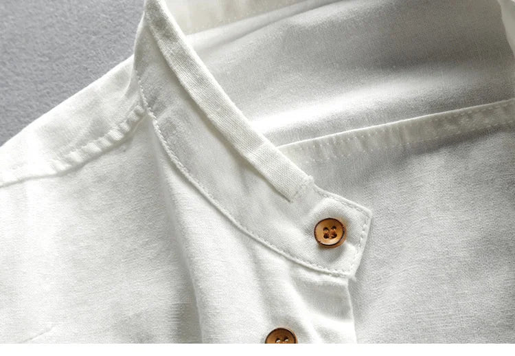 Japan Style Mens Linen Cotton Shirt Harajuku Stand Collar Long Sleeve Slim Fit Solid Color Male Casual Breathable Classical Tops
