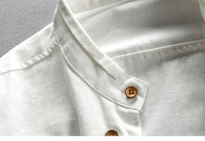 Japan Style Mens Linen Cotton Shirt Harajuku Stand Collar Long Sleeve Slim Fit Solid Color Male Casual Breathable Classical Tops