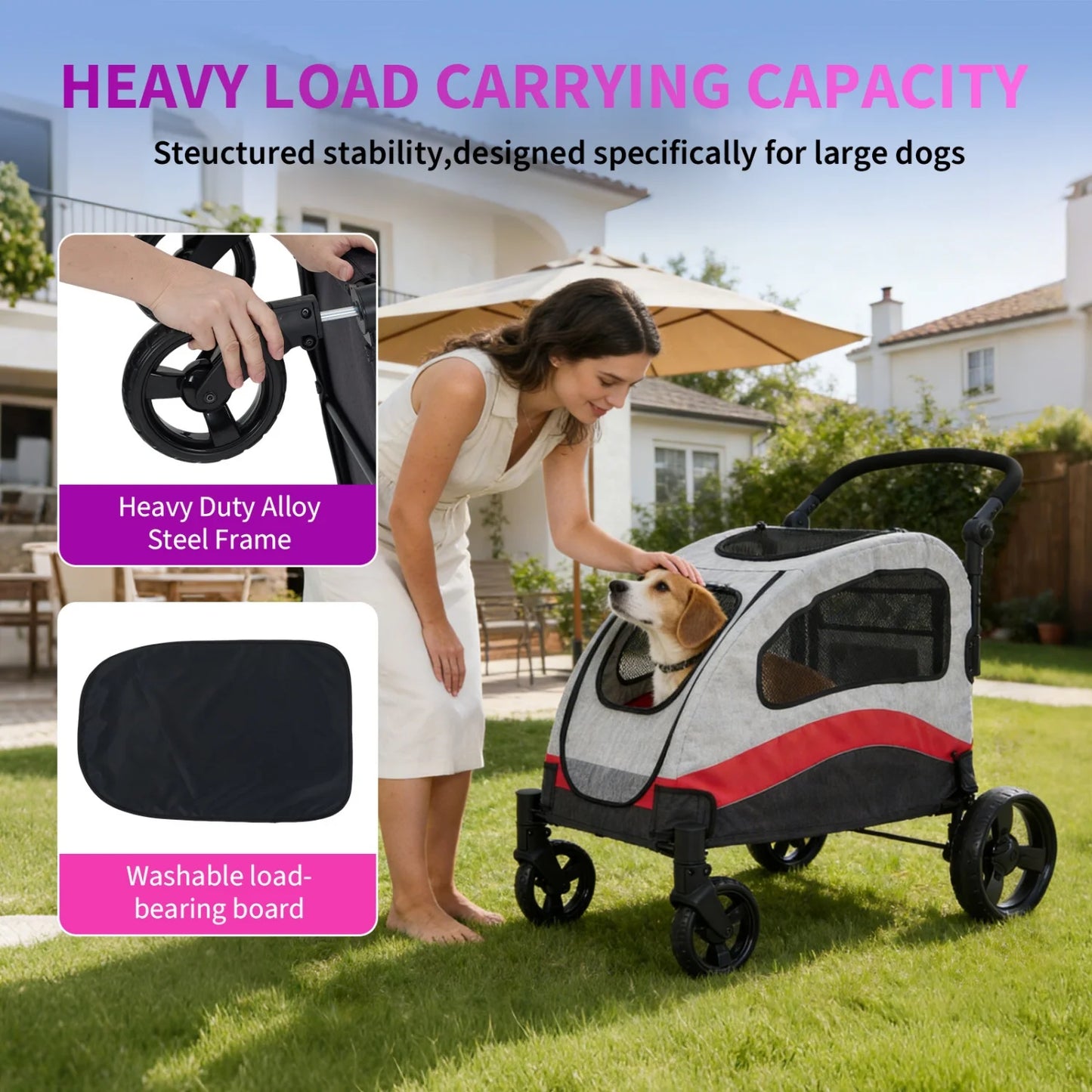Heavy Duty Pet Wagon & Large Dog Stroller , Collapsible Dog Cart with Adjustable Handle, Breathable Mesh and Storage Pockets