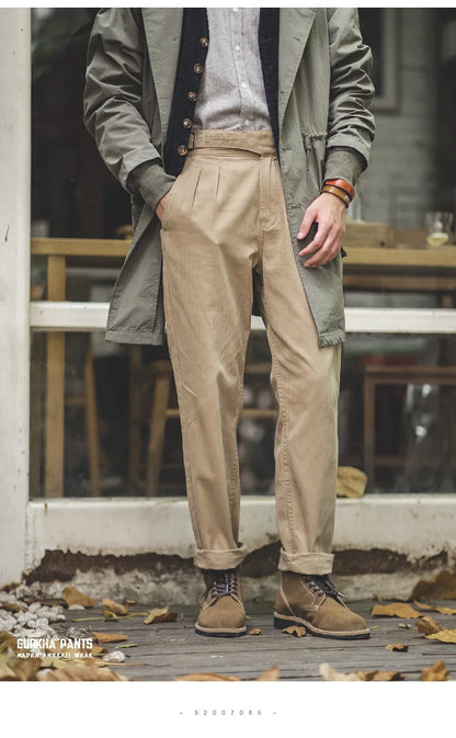 Maden Vintage Khaki Gurkha Pants Adjustable High Waist Casual Cargo Work Pants Classic Straight Trousers Men's Spring and Fall