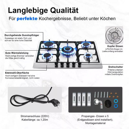 TopStrong 2/4/5 Burner 4200W Stainless Steel Auto Flame Protection Built-in for Natural Gas/Propane, Easy Clean, 30cm‌ Gas Hob