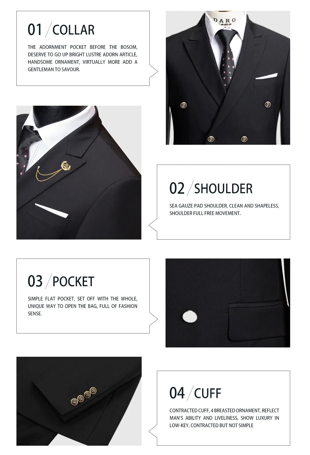 DAROuomo 2026 Men's Slim Fit Formal Business Suit 2Pcs Set - DR8211 (Jacket + Pants) for Work Wear
