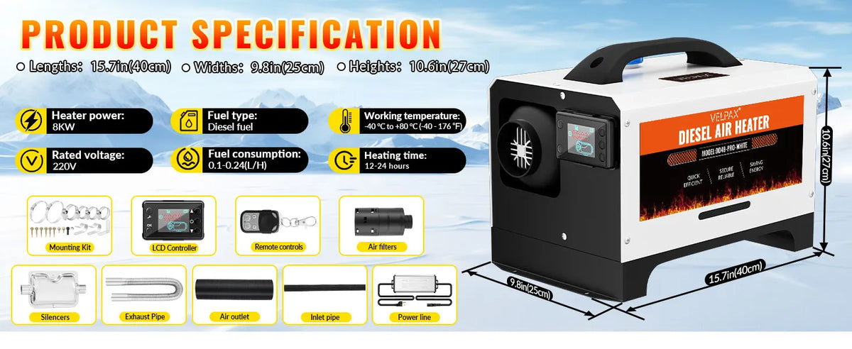 8kW 110V Diesel Heater – Portable Diesel Air Heater with Remote Control, Large LCD Screen, Smart Remote Control, Adjustable Temperature (18–40°C), for RVs, Yachts and Trucks (White)
