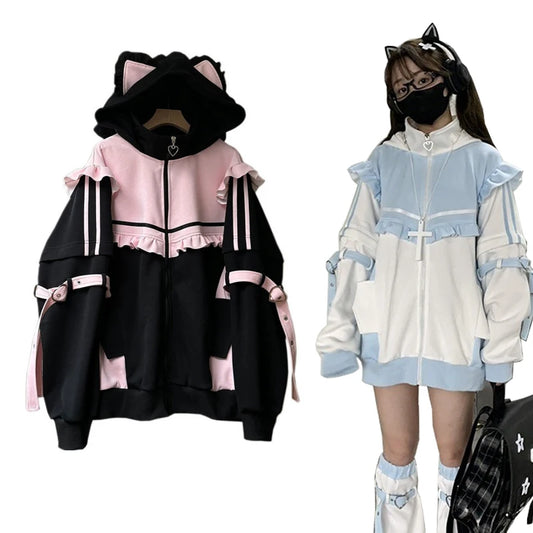 Cute Cat Ears Contrast Color Hoodies Coat Women Ruffled Patchwork Loose Sweatshirt Harajuku Zipper Y2k Aesthetic Casual Hoody