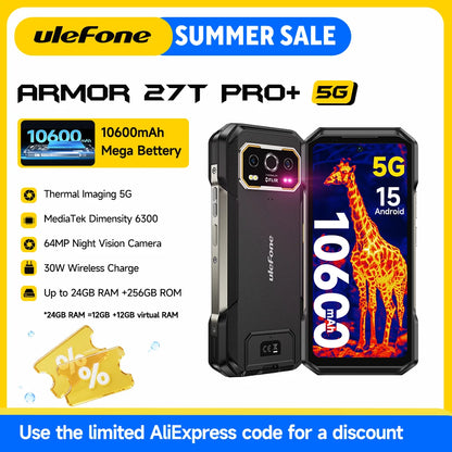 Ulefone Armor 27T Pro+ 5G Rugged Phone 10600mAh Android 15 Smartphone 50MP+64MP Night Camera 6.78" 120Hz 24GB+256GB NFC Mobile
