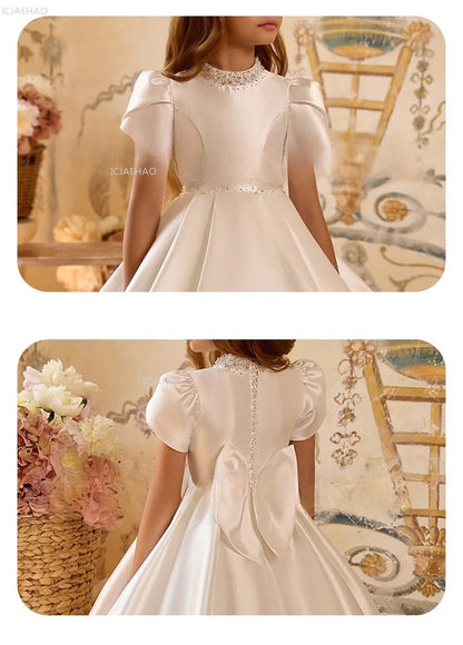 White Wedding Dress for Girls New Satin Princess Party Gown Clothes Children Birthday Host Piano Performance Pageant Costume