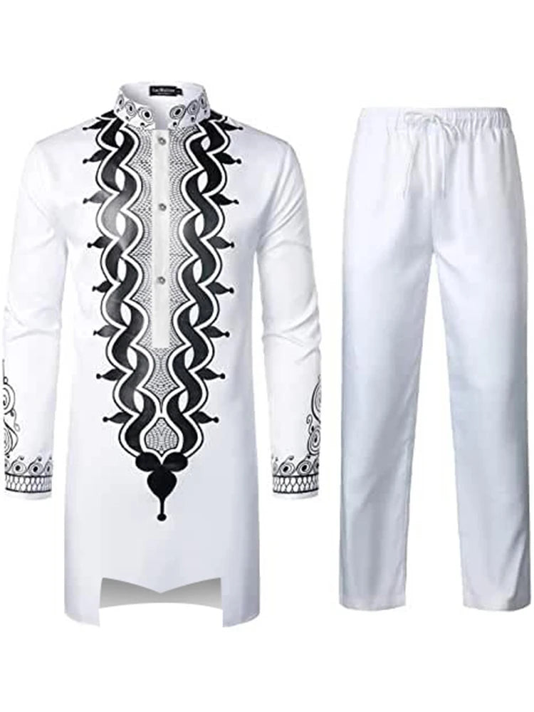Muslim Robe Trousers The Traditional Dress of Arab Men 3D Pattern Printing Black White Yellow Navy Blue Long-Sleeved