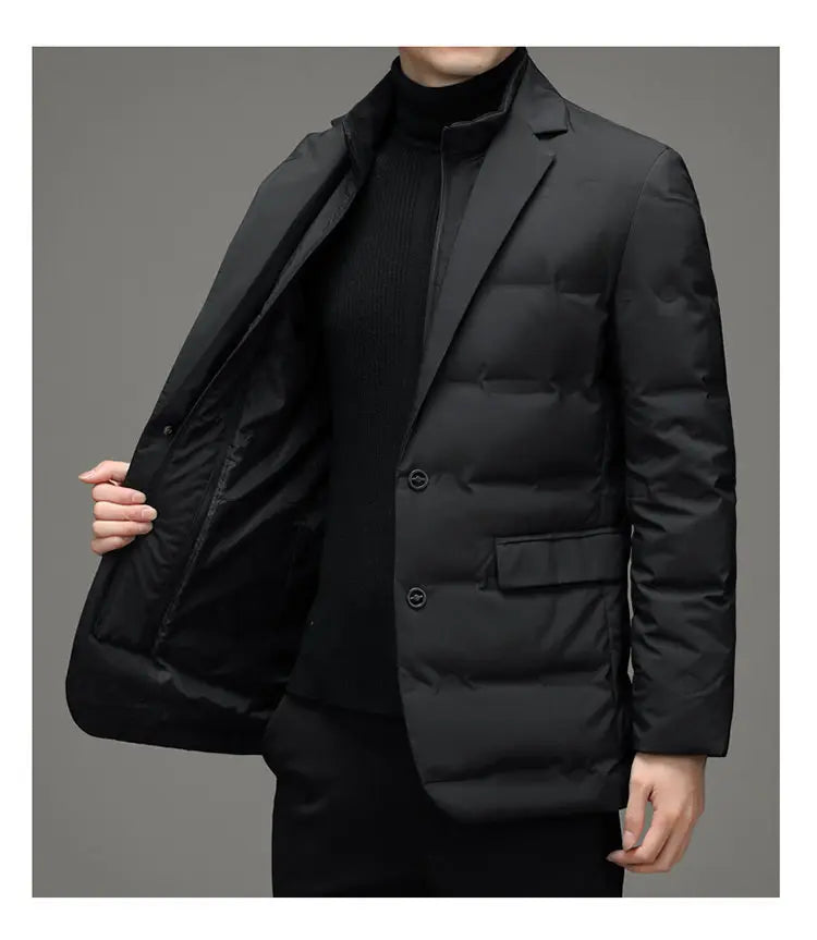 Men's Solid Color Detachable Stand Collar Long Sleeve Casual Business Trendy Down Coats Winter New Fashion Suit Blazers Clothes