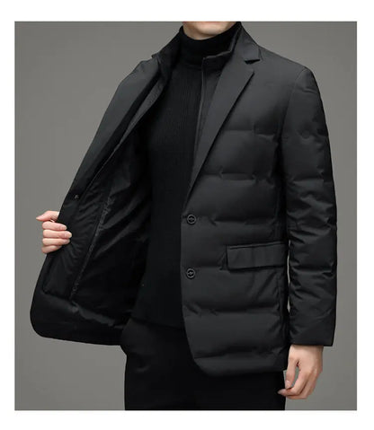 Men's Solid Color Detachable Stand Collar Long Sleeve Casual Business Trendy Down Coats Winter New Fashion Suit Blazers Clothes