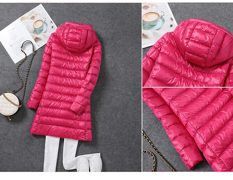 Women Ultra Light Long Down Jacket Coats Autumn Winter Loose Long Sleeve Zip Up Loose Korean Hooded Detachable Tops Outwear