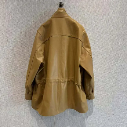 Real Sheepskin Coat Spring And Autumn Women Regular Length Pleating Design High Quality Outerwear Female Genuine Leather Jacket