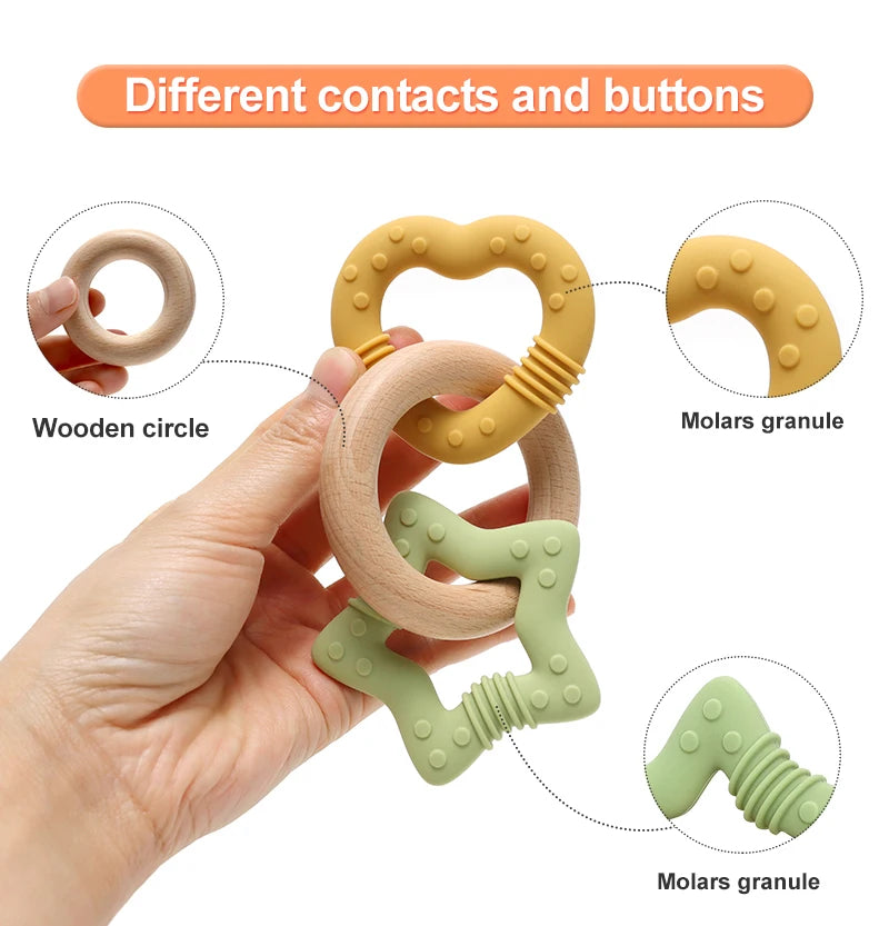 Silicone Star and Heart Teether with Teething Wooden Ring Baby Rattle Toy