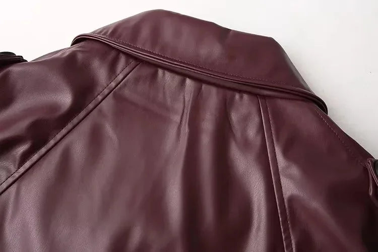 Vintage Lapel Leather Biker Jacket Women Bomber Jacket Short Coat Streetwear Zip Long Sleeve Windproof Outerwear Black Wine Red