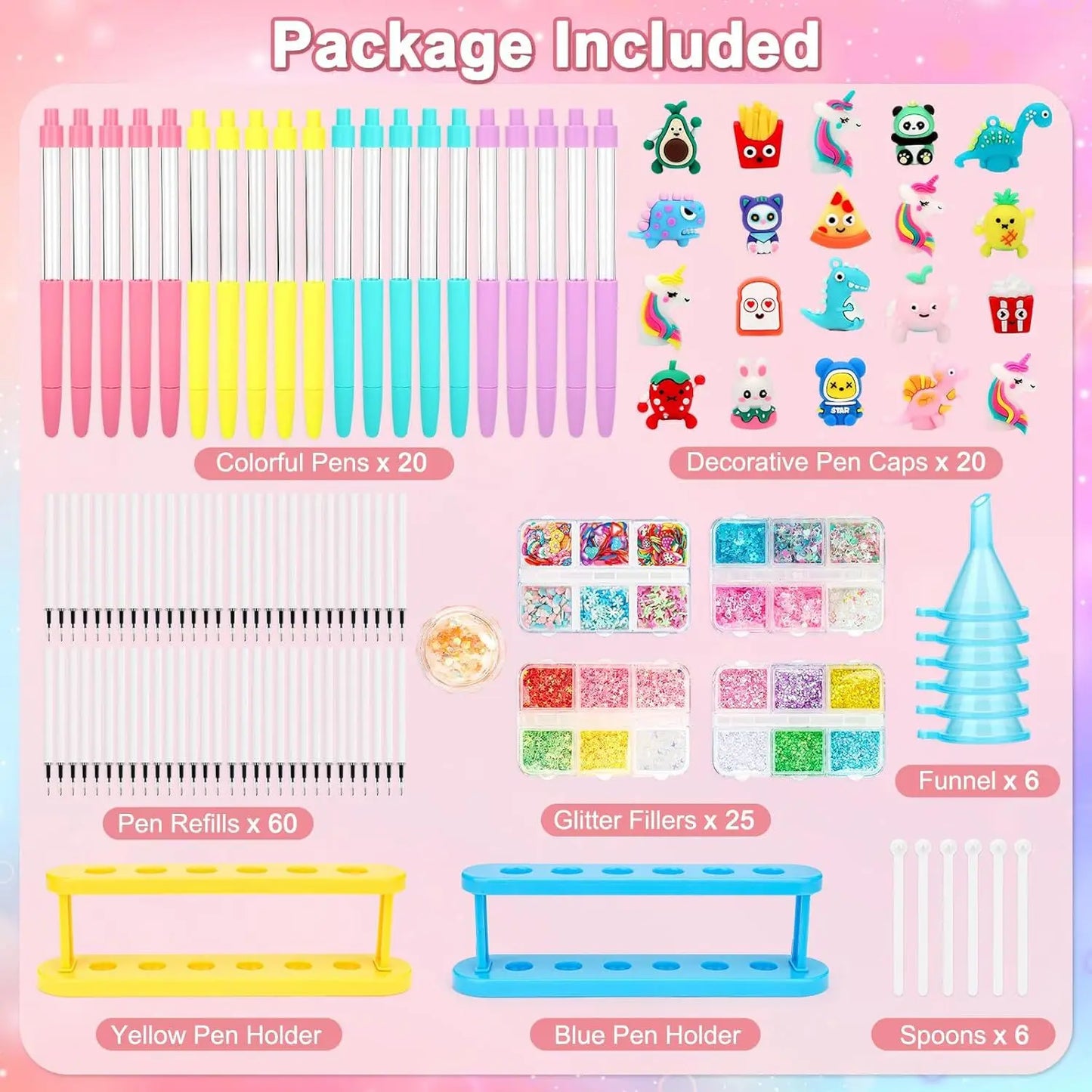 DIY Glitter Pen Making Kit Kids Craft Supplies 80+ Pieces Handmade Art Set Make 16 Pens Cartoon Decor Birthday Gift for Girls Bo