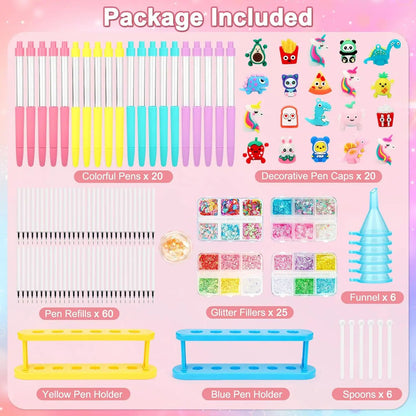 DIY Glitter Pen Making Kit Kids Craft Supplies 80+ Pieces Handmade Art Set Make 16 Pens Cartoon Decor Birthday Gift for Girls Bo