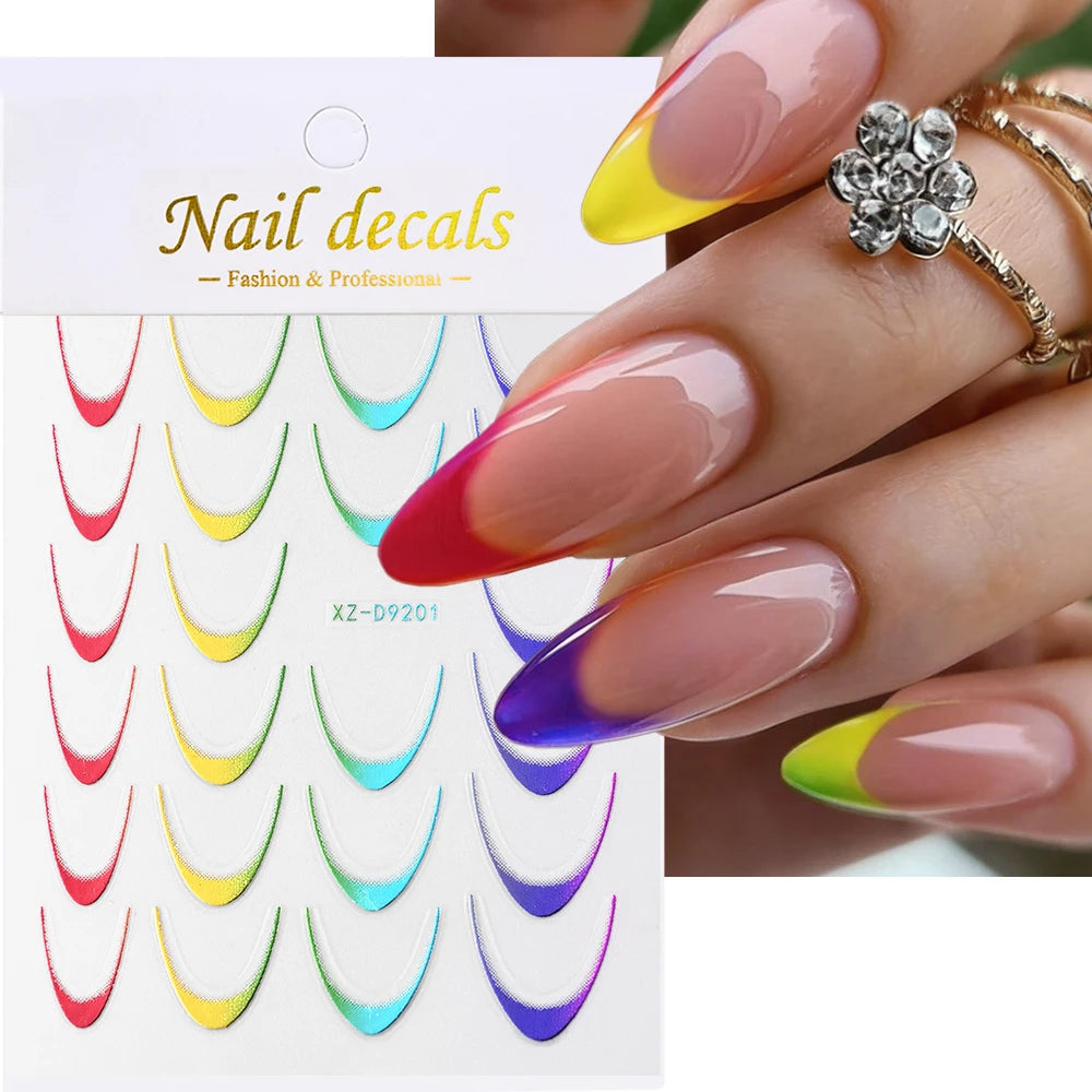3D Gold Stamping V-Shaped French Tips Nail Art Stickers Retro Metal French Line Nail Decals Chrome Curved Strip Nail Decoration