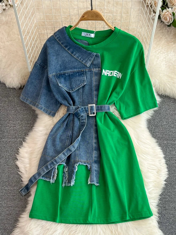 Retro Hong Kong Sle Chic Casual Mid-Length round Ne Patchwork Color Denim irt with Belt Spring New Women's Faion Top